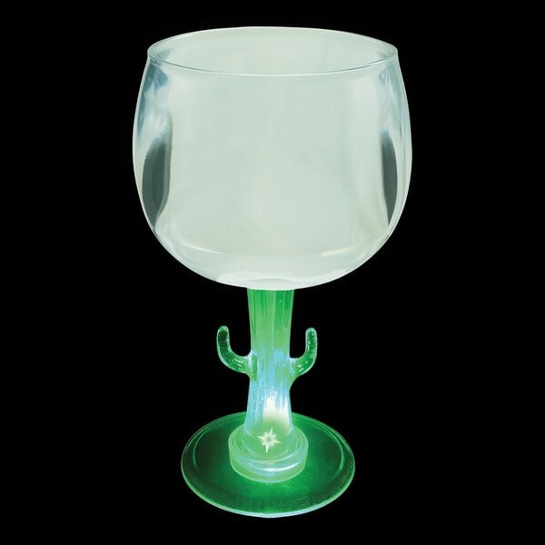 A 12 oz. plastic wine goblet with a cactus shaped stem with a green LED light.