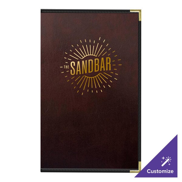 A brown leather H. Risch, Inc. menu cover with gold text on it.