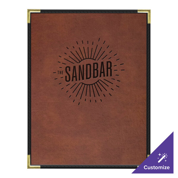 A brown tuxedo leather menu cover with the Sandbar logo in black text.