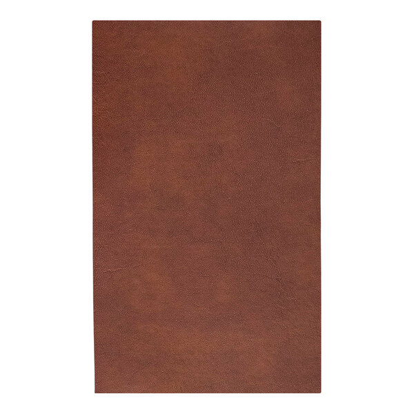 A close-up of a brown rectangular H. Risch, Inc. Tuxedo leather menu cover.