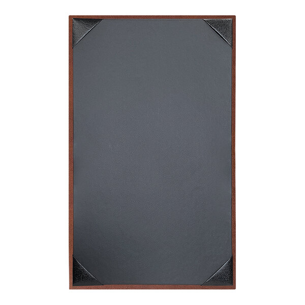 A brown tuxedo leather menu cover with brown corners.