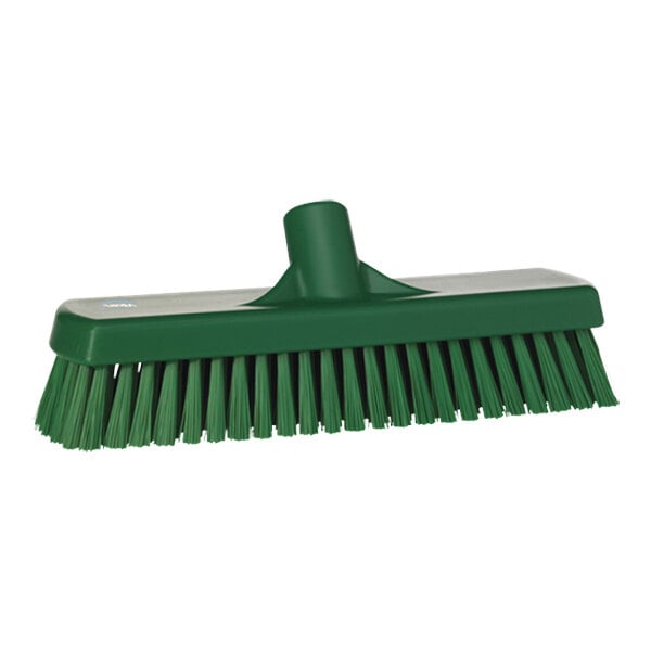 A green Vikan wall/floor scrub brush head with stiff bristles.