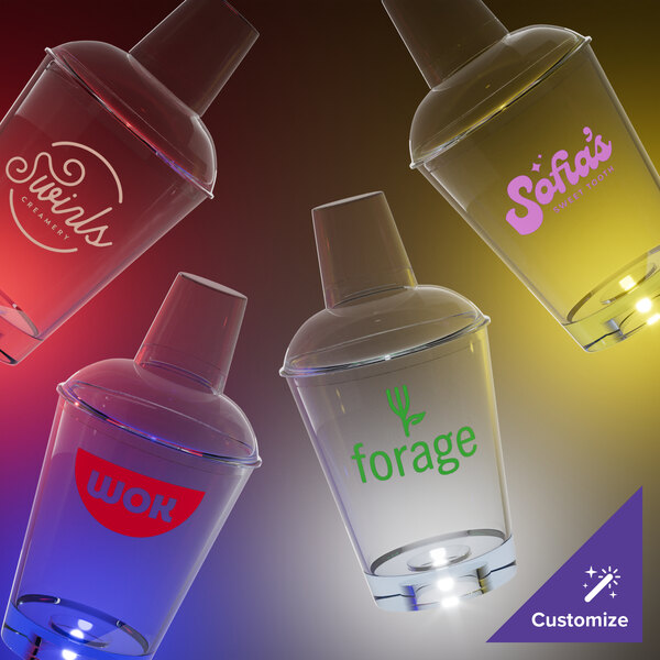 A close-up of a customizable plastic shaker with a yellow LED light inside.