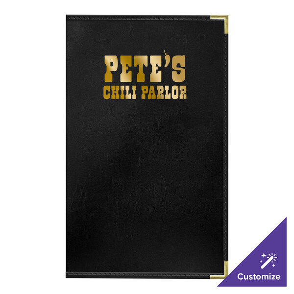 A black H. Risch, Inc. leather menu cover with gold text on the inside.