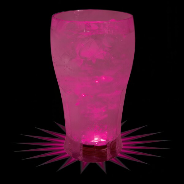 A close up of a 12 oz. plastic soda cup with ice and a pink LED light inside.