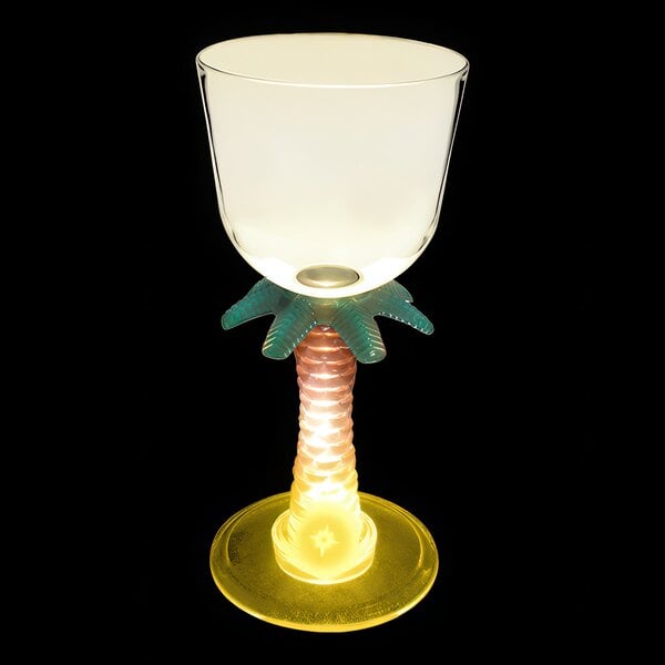 A clear plastic palm tree stem wine cup with a yellow LED light.
