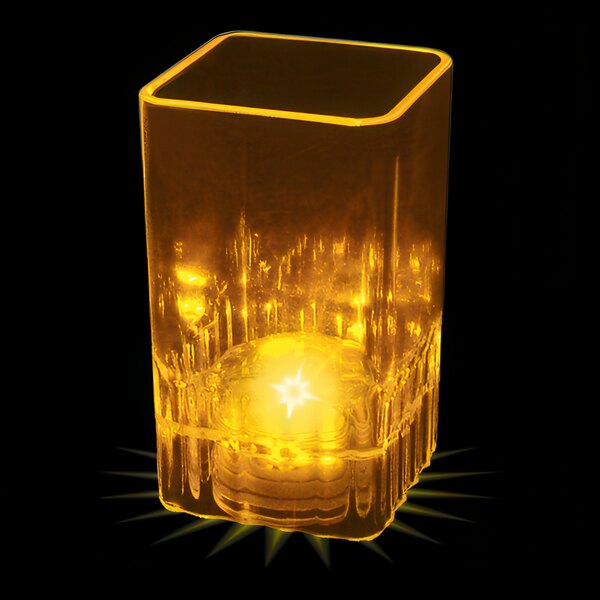 A customizable plastic square shot cup with a yellow light inside.