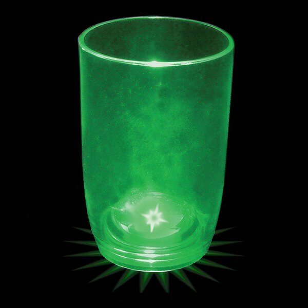 A green customizable plastic stemless wine cup with a green LED light.