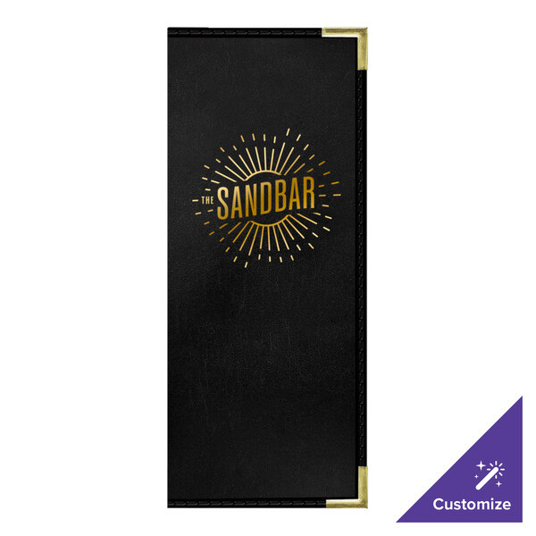 A black rectangular menu cover with gold interior pockets and a customizable black and gold logo.