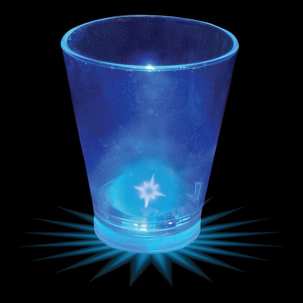 A customizable blue plastic shot cup with a blue LED light inside.