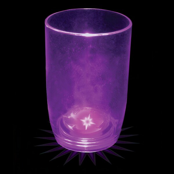 A customizable purple plastic stemless wine cup with a purple LED light inside.