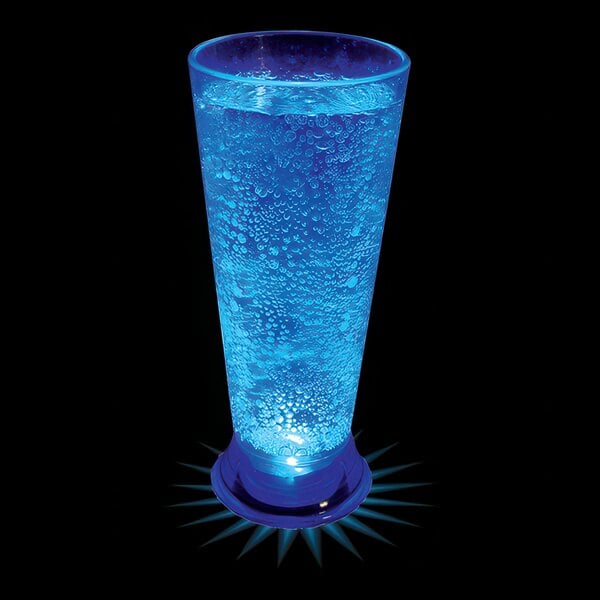 A customizable plastic pilsner cup with blue LED light filled with blue liquid.
