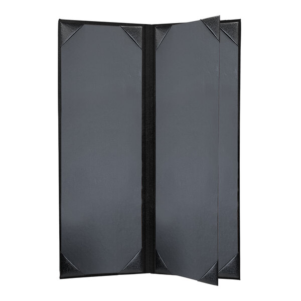 A black rectangular menu cover with black corners.