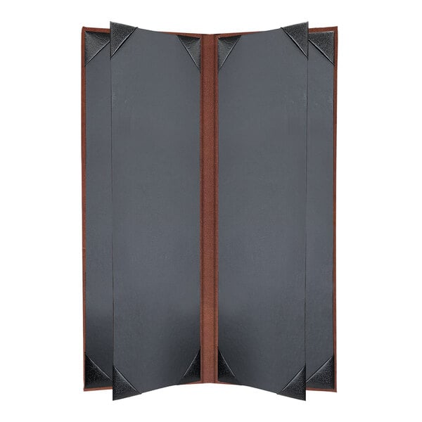 A black rectangular H. Risch, Inc. Tuxedo leather menu book with brown corners on a wooden table.