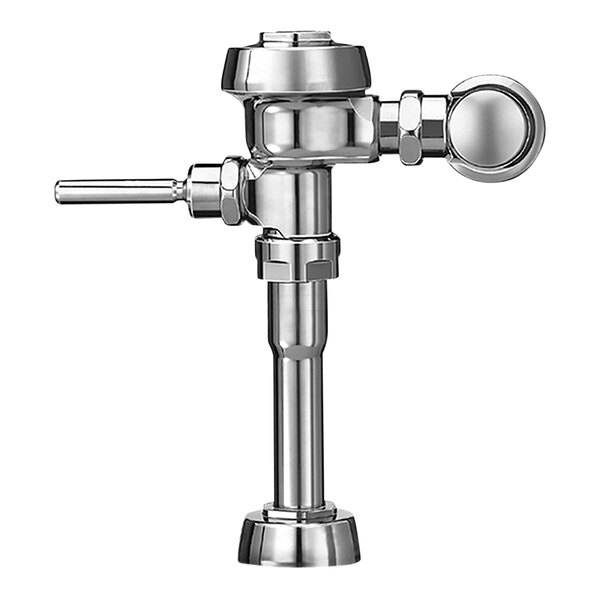 A chrome Sloan urinal flushometer with a handle.