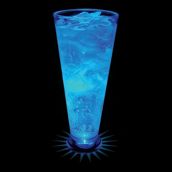 A customizable 16 oz. plastic pilsner cup with a blue drink in it.