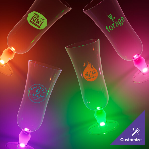 A group of customizable hurricane cups with different colored LED lights.