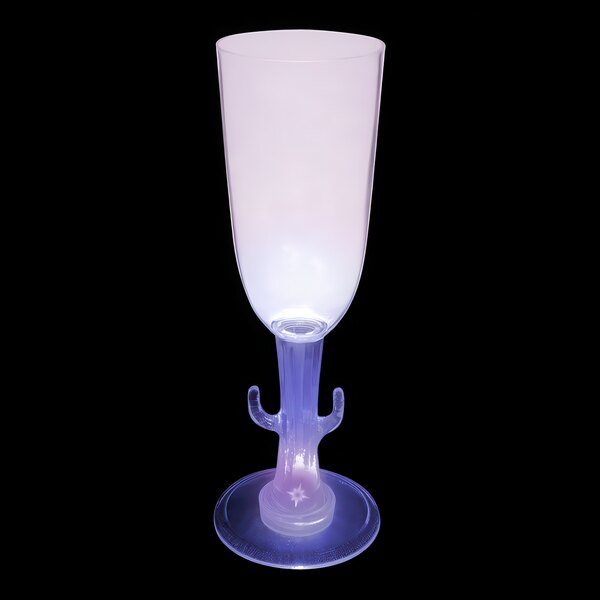 A customizable plastic champagne cup with a cactus stem and purple LED light.