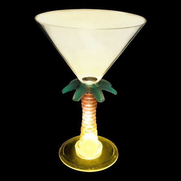 A customizable plastic martini glass with a palm tree stem and yellow LED light.