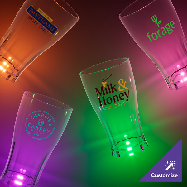 A close-up of a 12 oz. plastic soda cup with an orange LED light.