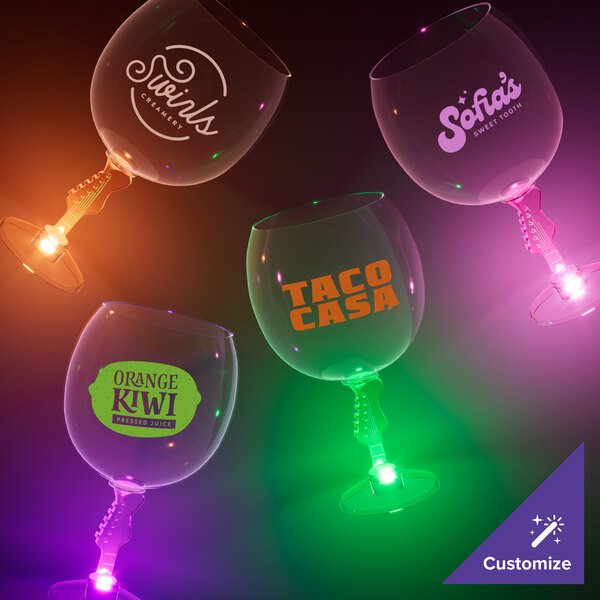 A close-up of a 12 oz. plastic wine glass with a guitar-shaped stem and an orange LED light.