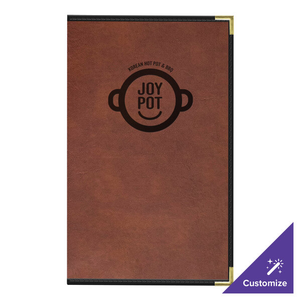 A brown H. Risch, Inc. leather menu cover with a black pot logo.