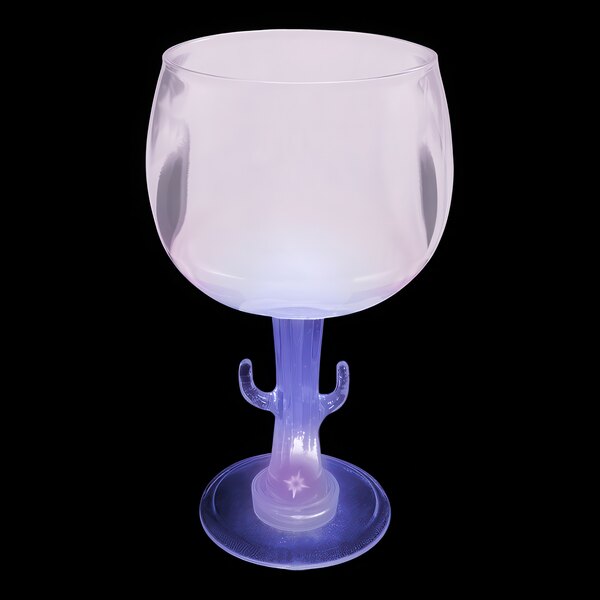 A customizable plastic cactus stem goblet with a purple LED light on a white background.