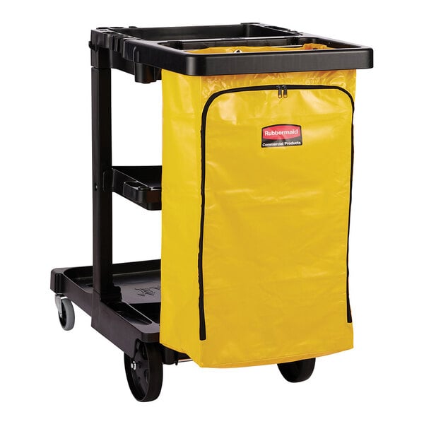A janitor cart with a yellow vinyl zippered bag and black shelves.