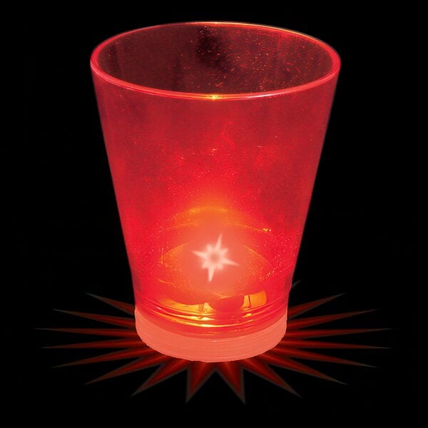 A red customizable plastic shot cup with a red LED light inside.