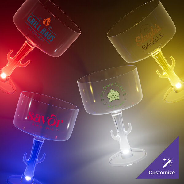 A group of 18 oz. plastic margarita cups with cactus stems in different colors and red LED lights.