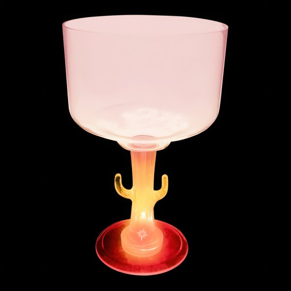 A pink plastic margarita cup with a cactus stem and a red LED light.