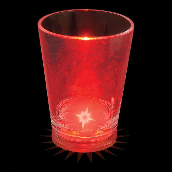 A customizable plastic shot cup with a red LED light inside.