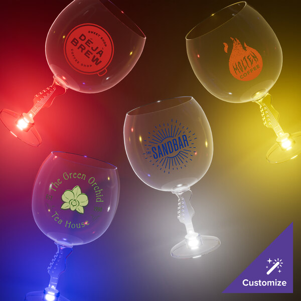 A group of customizable plastic guitar stem goblets with blue LED lights.