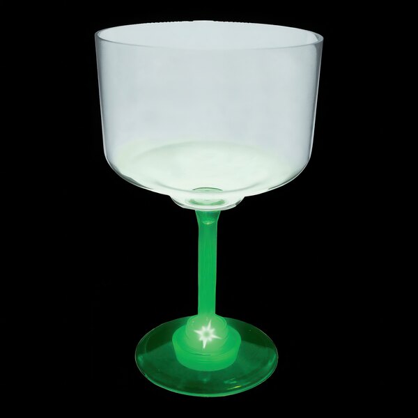 A clear plastic margarita cup with a green stem.