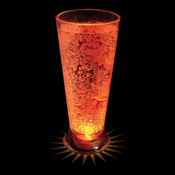 A customizable plastic pilsner cup with an orange LED light inside.