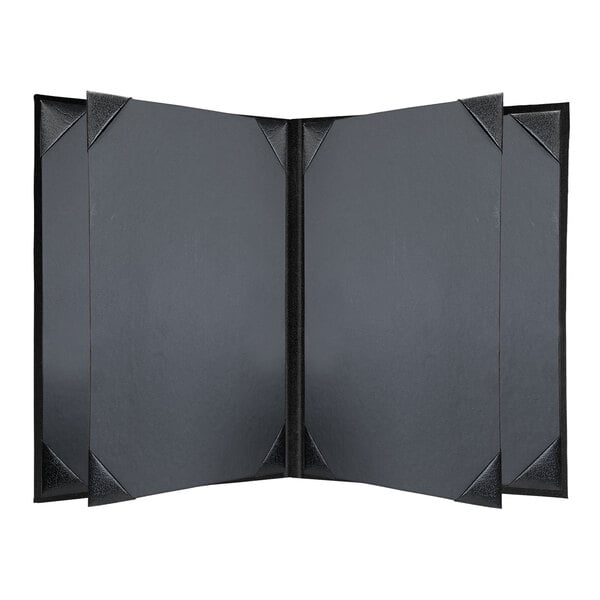 A grey rectangular menu cover with black corners.