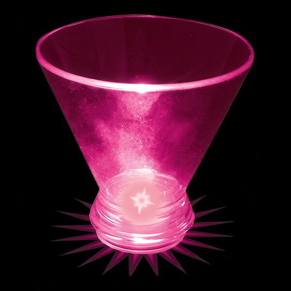 A customizable plastic stemless martini cup with a pink LED light inside.