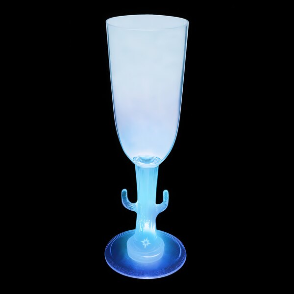 A clear plastic cactus stem champagne cup with a blue LED light on it.