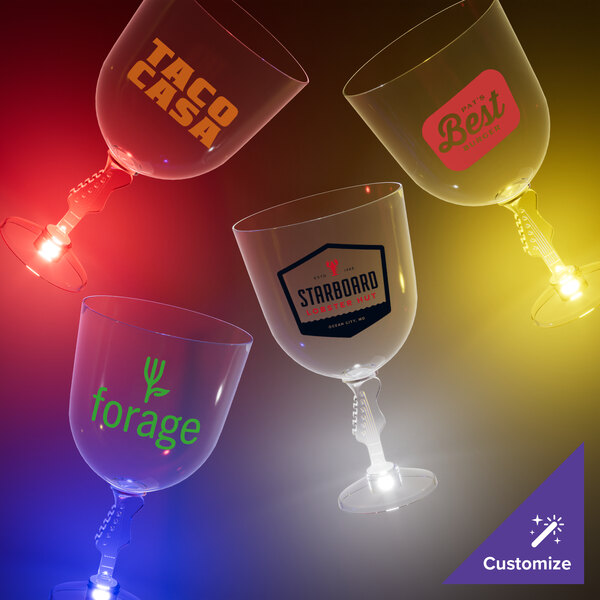 A group of 14 oz. plastic guitar stem goblets with different colored LED lights.