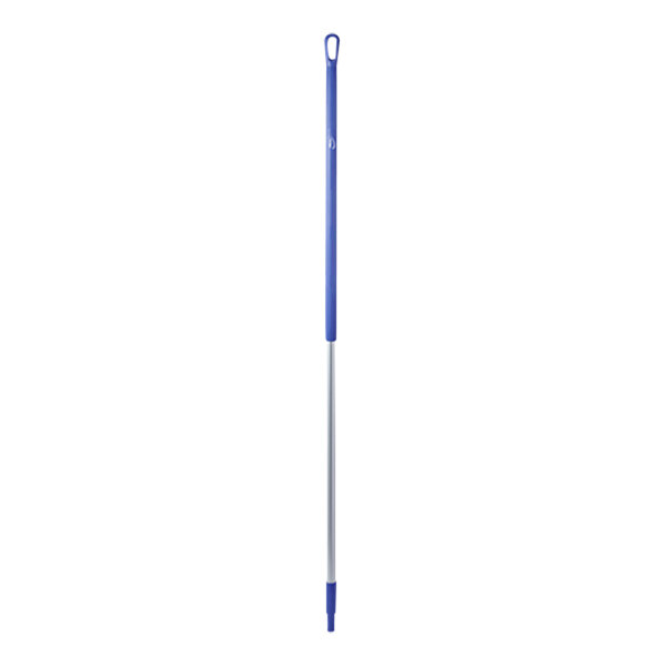 A purple and silver aluminum handle with a blue grip.