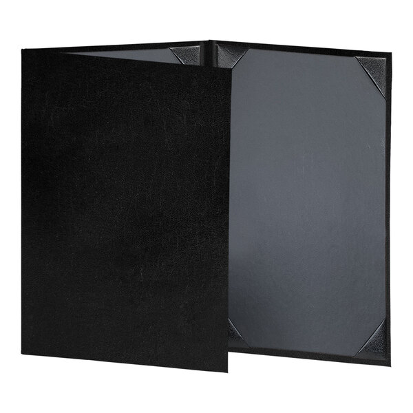 A black H. Risch, Inc. tuxedo leather menu cover with two pages open.