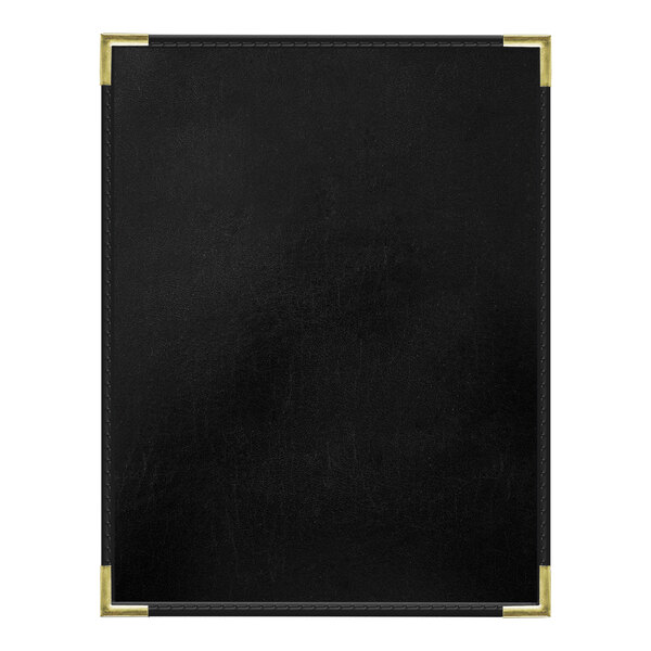 A black leather rectangular menu cover with gold corners.