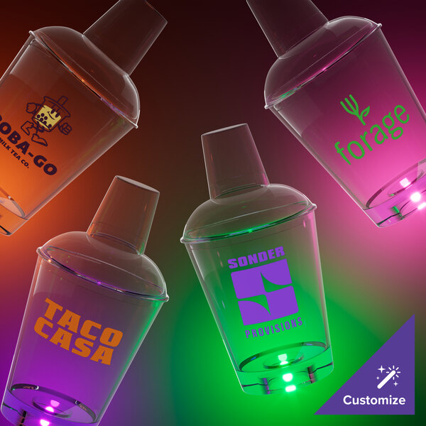 A close-up of a customizable purple plastic shaker with a purple LED light.