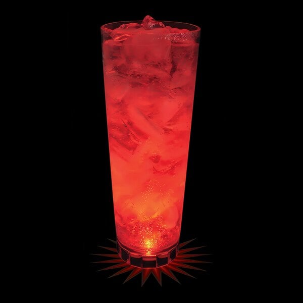 A customizable plastic cup with a red drink and a red LED light inside.