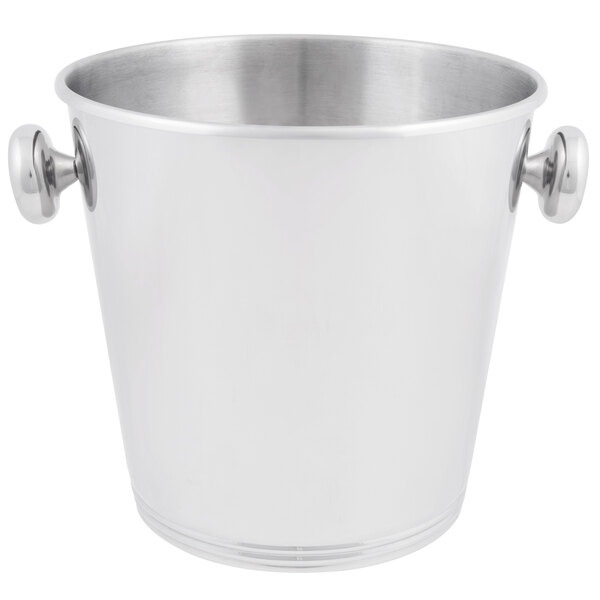 A silver stainless steel Vollrath wine bucket with two handles.