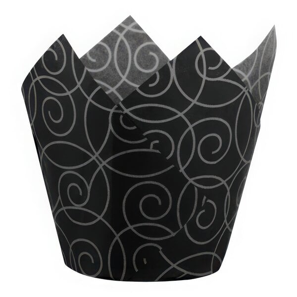 A black and silver swirly wrapper for Hoffmaster tulip baking cups.