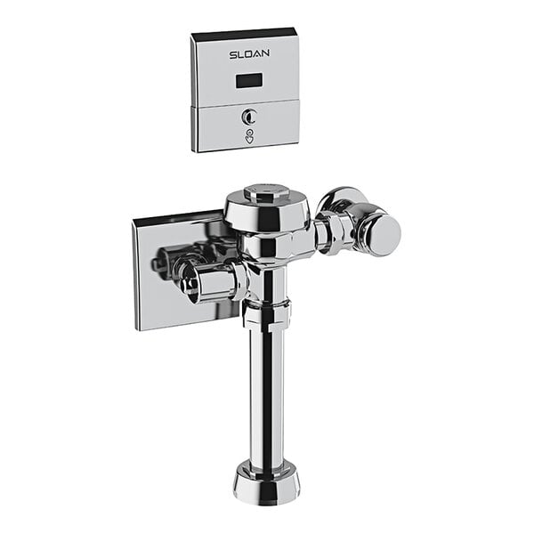 A chrome Sloan water closet flushometer.