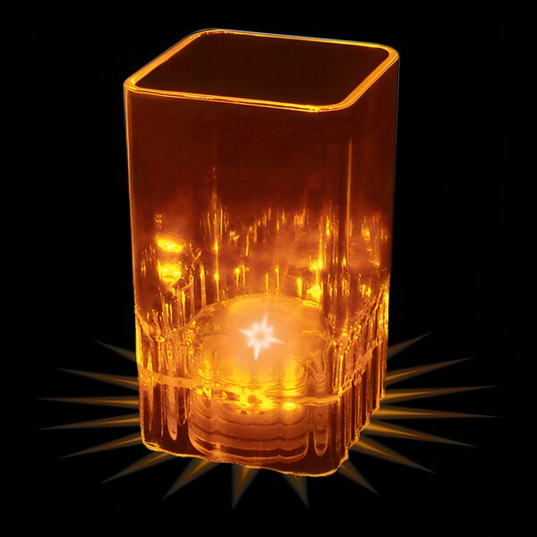 A customizable plastic square shot cup with an orange LED light in it.