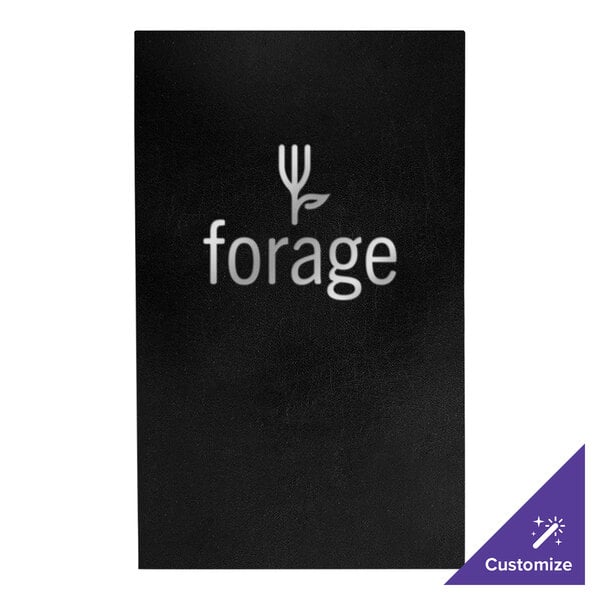 A black rectangular menu cover with customizable white text.