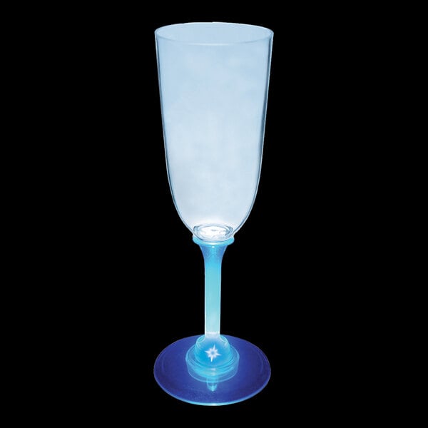 A 7 oz clear plastic champagne cup with a blue stem and blue LED light.